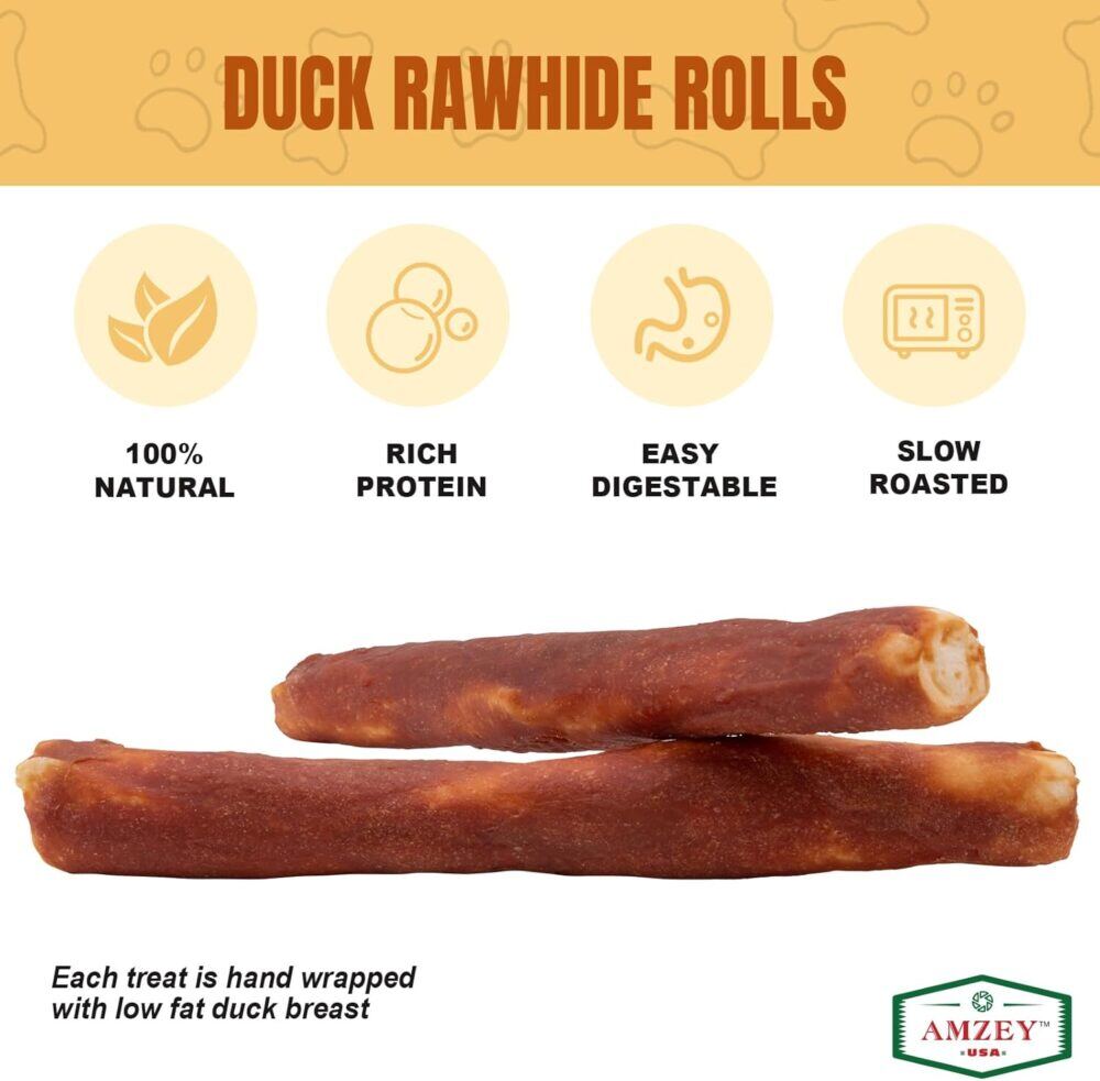 Amzey 10" Rawhide Retriever Rolls Dog Chews Treats, Duck Wrapped Rawhide Bones Long-Lasting for Large Dogs 50lbs Up, All Natural Duck Basted Dog Rawhide Chews, 5 Count - Image 3